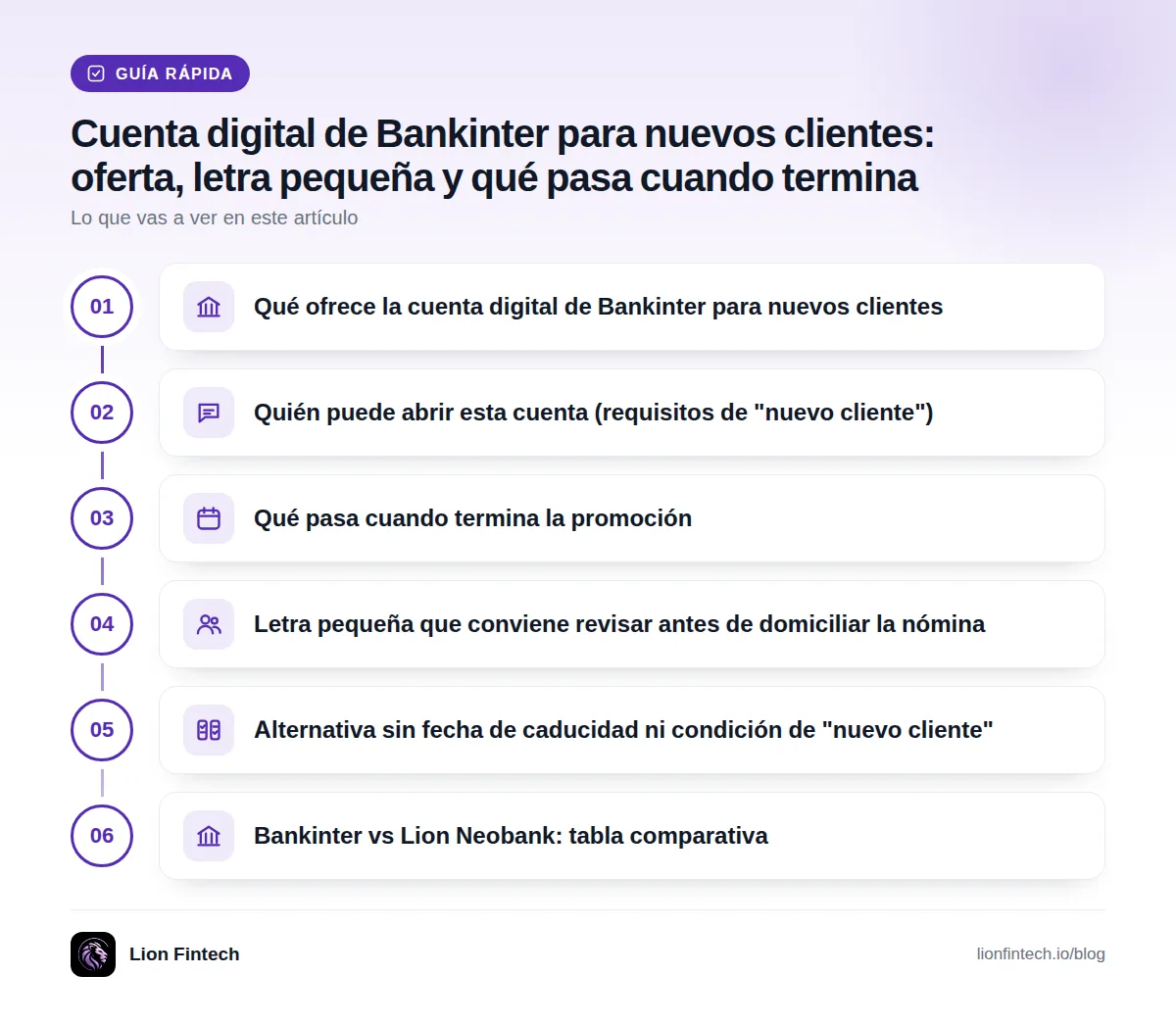 Guía rápida: Qué ofrece la cuenta digital de Bankinter para nuevos clientes · Quién puede abrir esta cuenta (requisitos de "nuevo cliente") · Qué pasa cuando termina la promoción · Letra pequeña que conviene revisar antes de domiciliar la nómina · Alternativa sin fecha de caducidad ni condición de "nuevo cliente" · Bankinter vs Lion Neobank: tabla comparativa